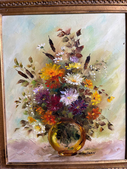 Huile sur toile bouquet floral signée Louiran, encadrée