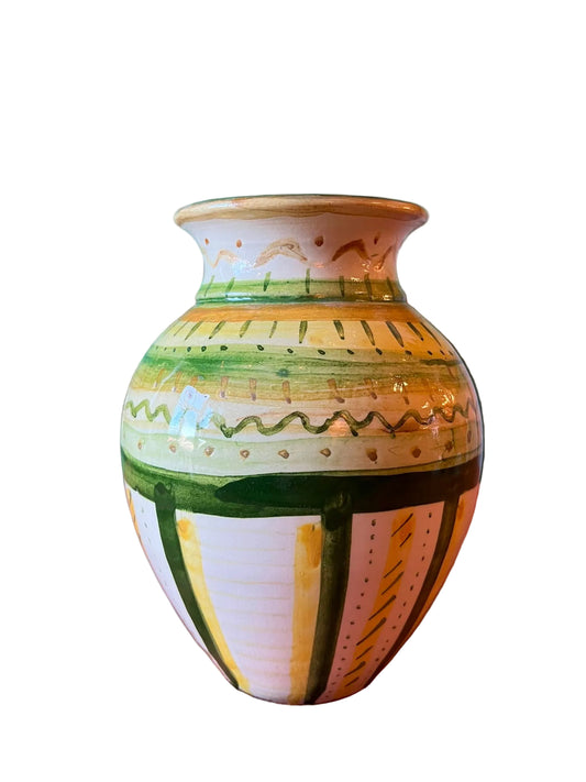 Vase en céramique artisanale décor géométrique peint main vintage