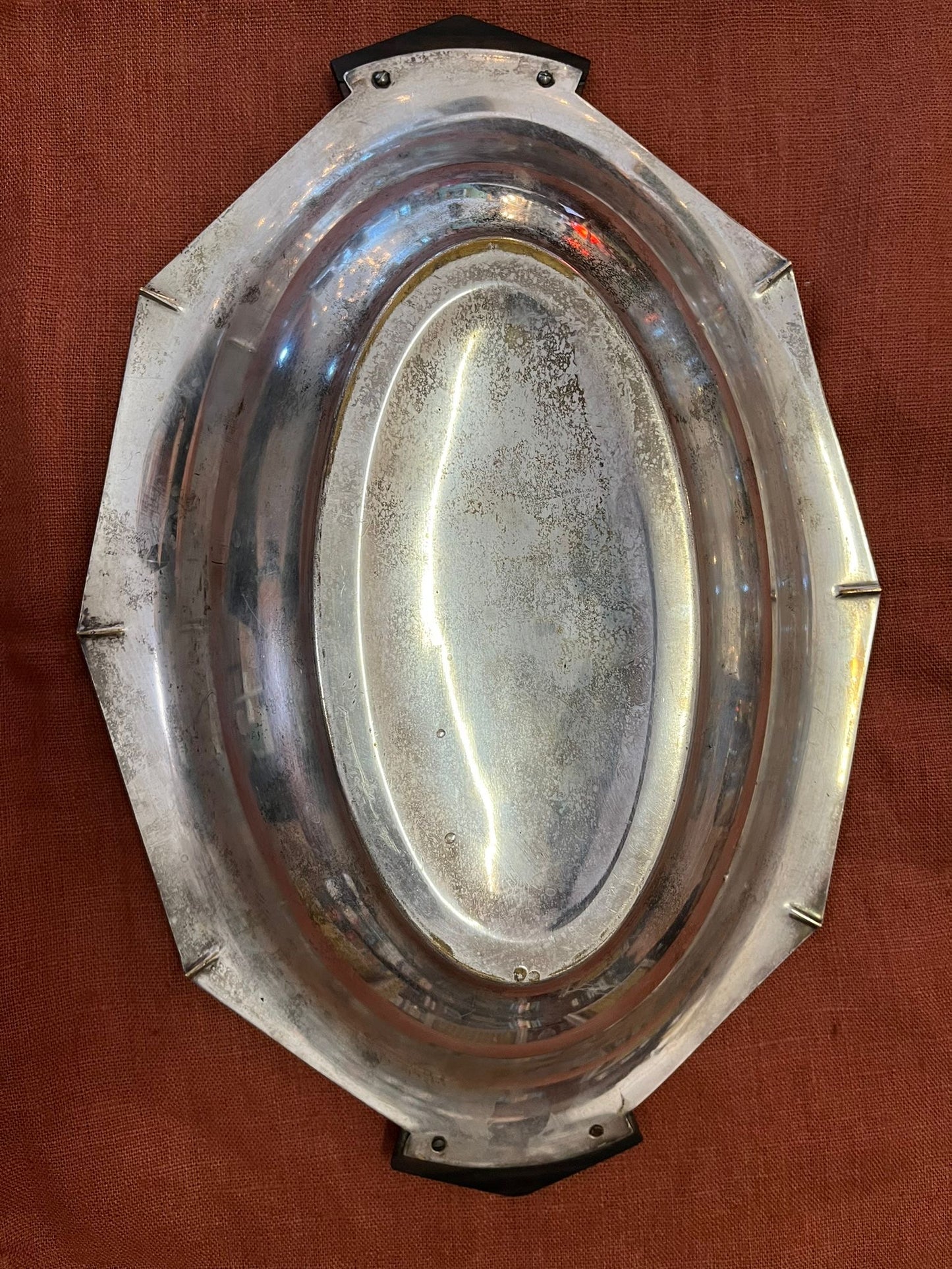 Plateau vide-poche Art Déco métal argenté poignées bakélite noire vintage 1930