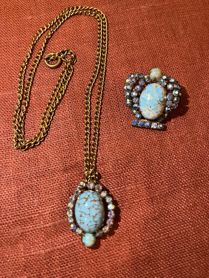Parure vintage broche et pendentif cabochons bleu turquoise et strass