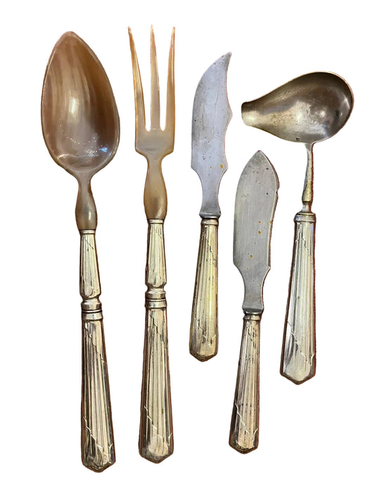 Service à salade Art Déco 5 pièces métal argenté et corne vintage