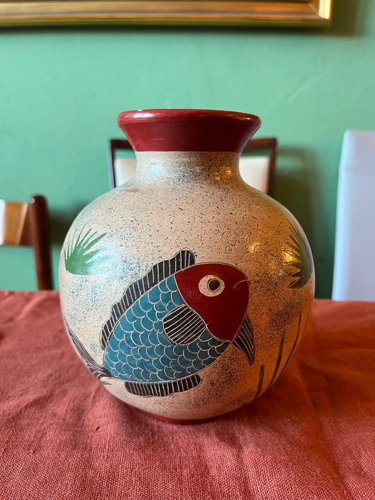 Vase boule en céramique décor poissons polychrome vintage