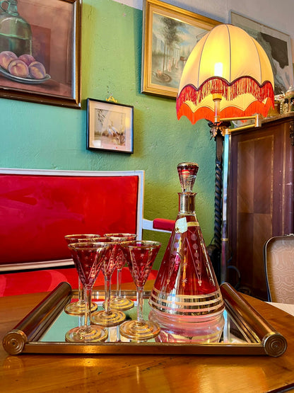 Service à liqueur vintage carafe 5 verres rouge avec plateau miroir
