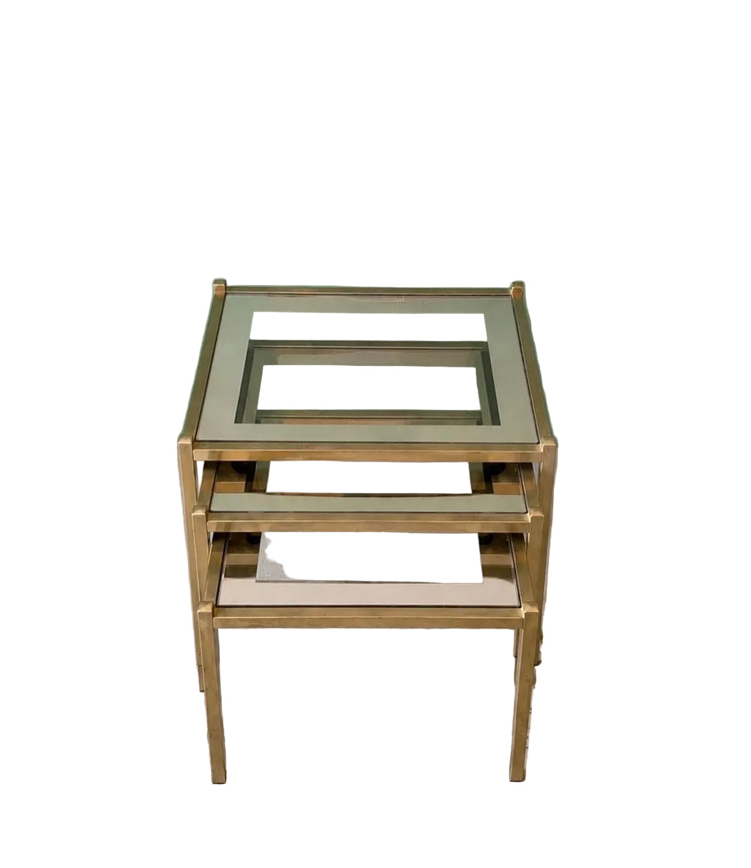 Trois tables gigognes vintage en laiton et verre fumé – années 1970