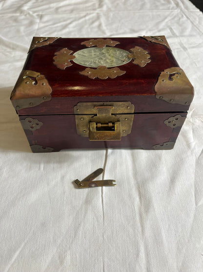 Boîte à Bijoux Chinoise Ancienne Bois Laiton Pierre Jade Coffret Asiatique