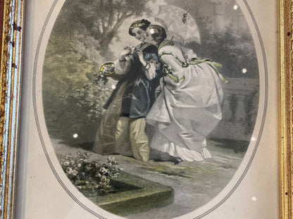 Gravure ancienne « Le Secret des Fleurs » – scène galante XIXe siècle