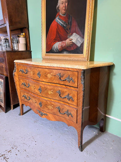Grande commode style Louis XV marqueterie plateau marbre 3 tiroirs