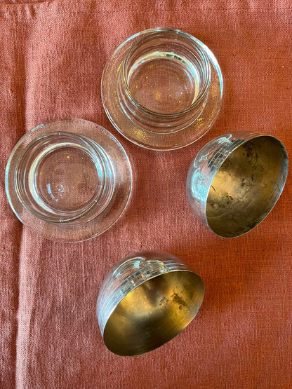 Paire de beurriers individuels Art déco en verre et métal chromé