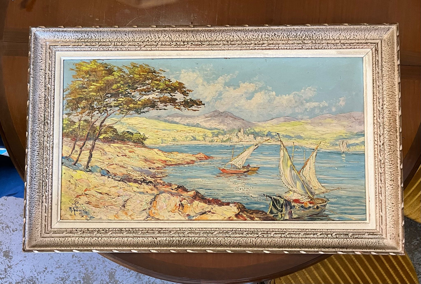 Huile au couteau marine méditerranéenne signée – grand format encadré