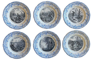 Lot de 6 assiettes anciennes terre de fer Saint-Amand « Comique » scènes de chasse