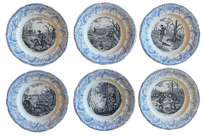 Lot de 6 assiettes anciennes terre de fer Saint-Amand « Comique » scènes de chasse