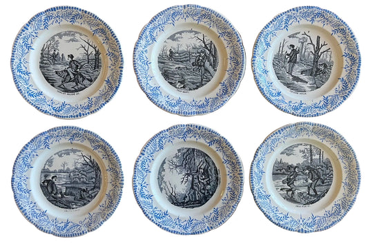 Lot de 6 assiettes anciennes terre de fer Saint-Amand « Comique » scènes de chasse