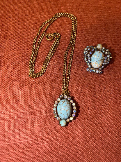 Parure vintage broche et pendentif cabochons bleu turquoise et strass