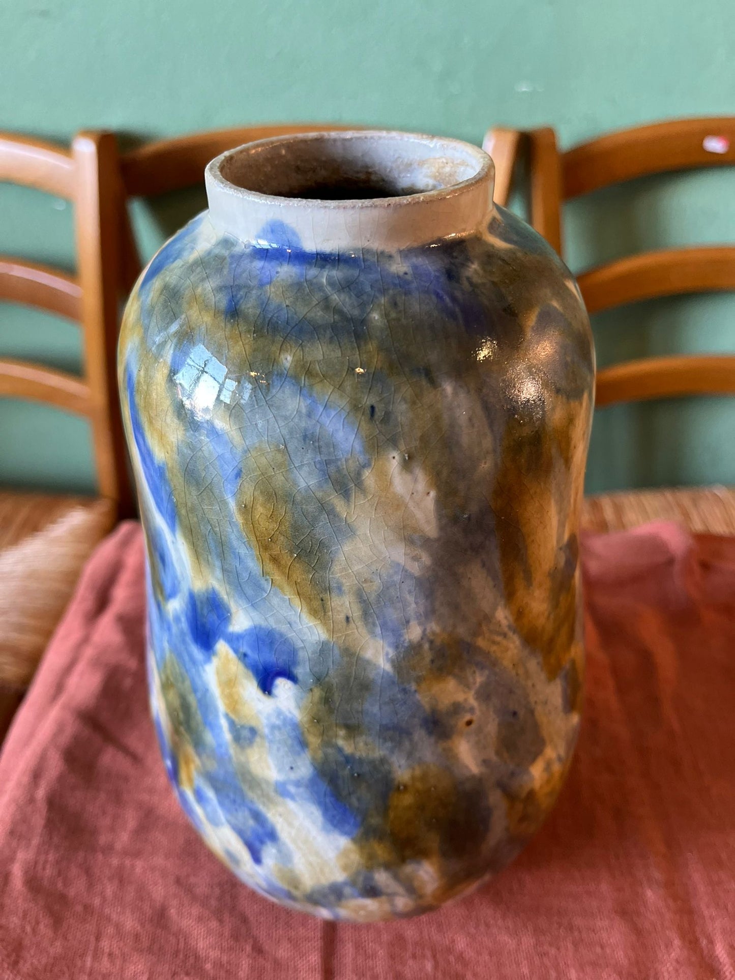 Grand vase en céramique flammée bleu et brun