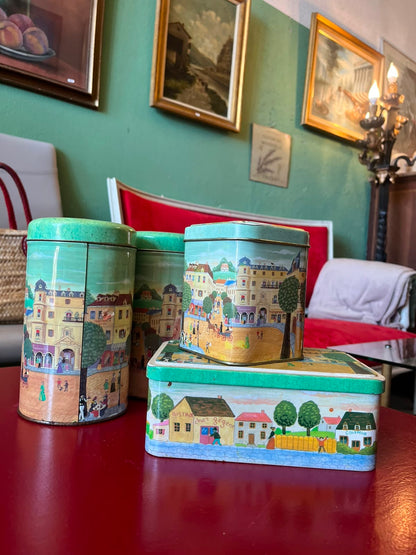 Lot de 4 boîtes anciennes en métal décor village parisien style naïf