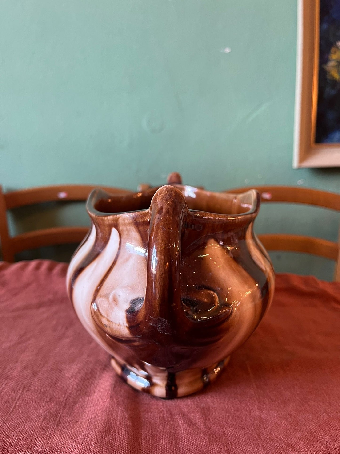 Jardinière ancienne en céramique émaillée brun et crème à anses