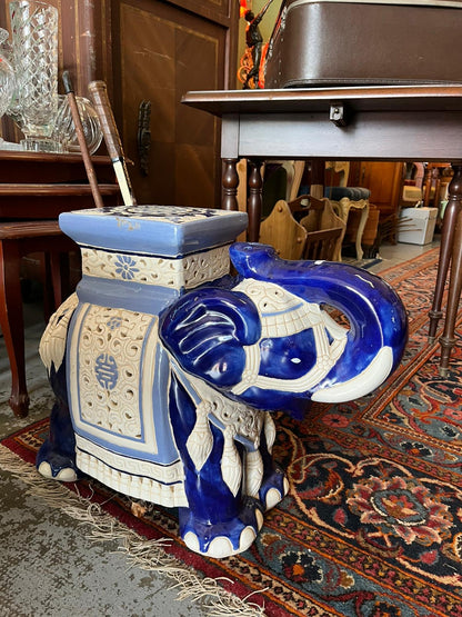 Tabouret éléphant céramique bleu porte plante asiatique