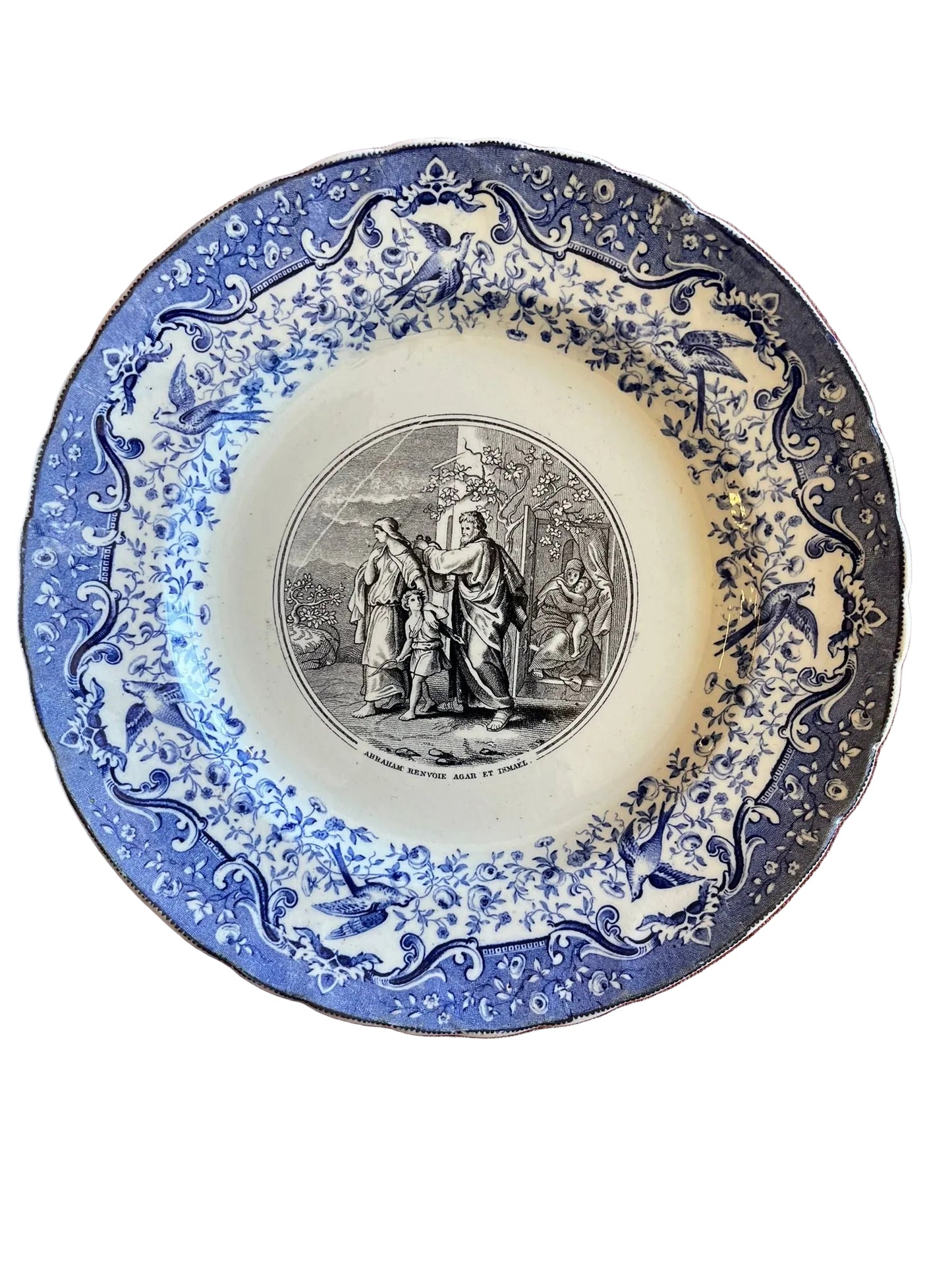 Assiette ancienne terre de fer Bordeaux décor biblique Abraham Agar Ismaël