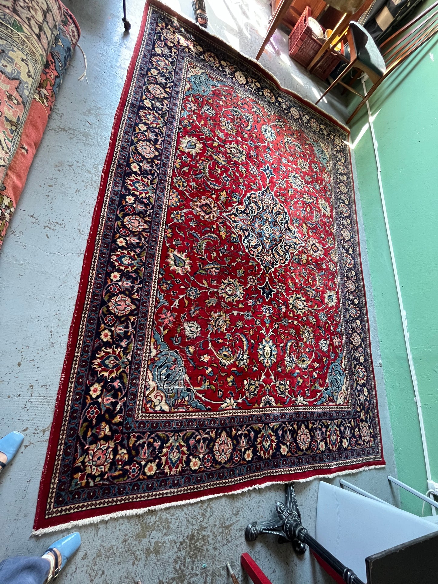 Grand tapis ancien en laine noué main décor persan rouge 310 x 209 cm