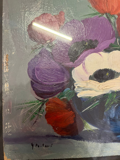 Tableau floral huile au couteau signé bouquet fleurs cadre vintage