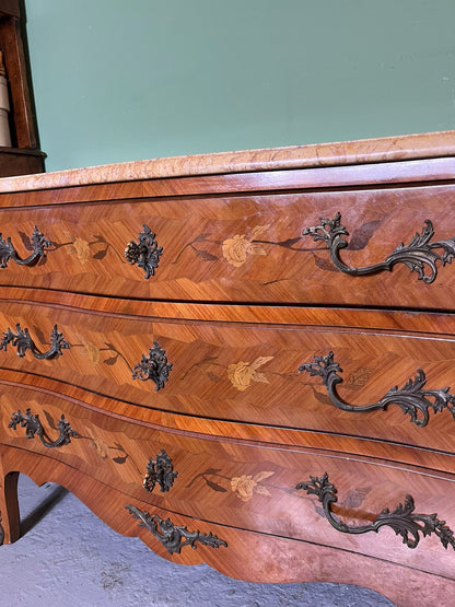 Grande commode style Louis XV marqueterie plateau marbre 3 tiroirs