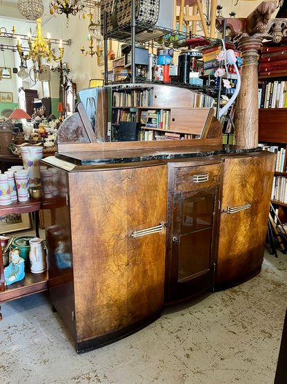 Buffet bar Art Déco avec miroir en bois galbé – meuble années 1930
