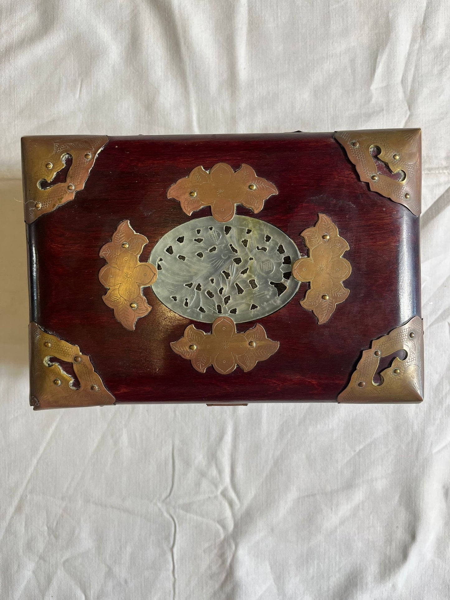 Boîte à Bijoux Chinoise Ancienne Bois Laiton Pierre Jade Coffret Asiatique