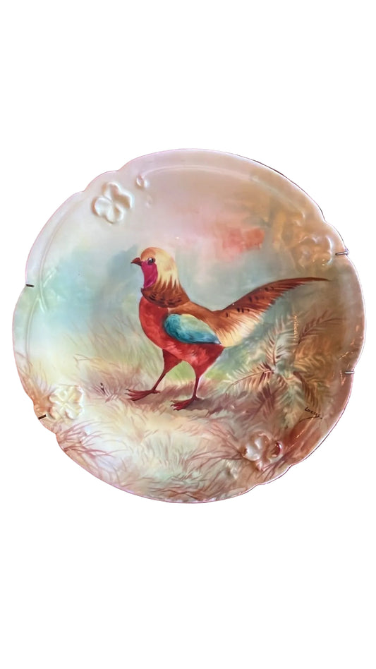 Assiette décorative Limoges faisan polychrome vintage 24,5 cm