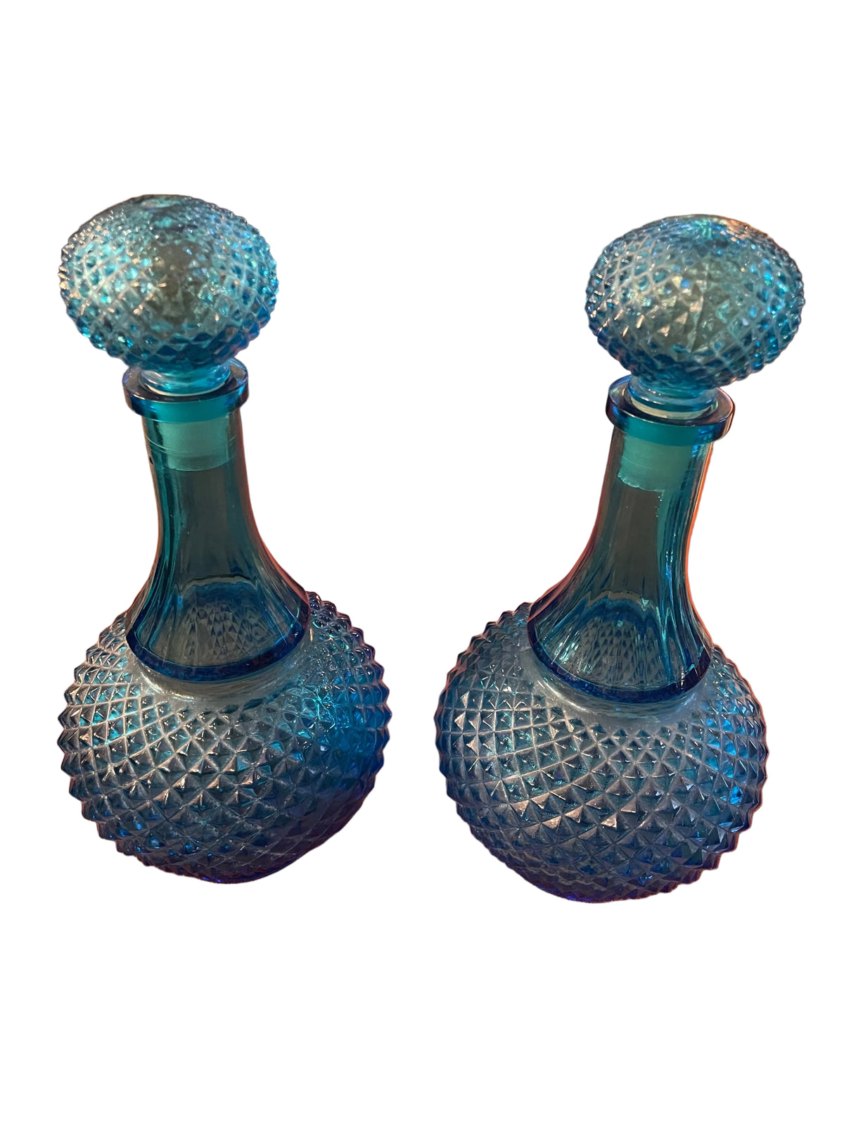 Paire de carafes vintage en verre bleu – Made in Belgium – années 1960/70