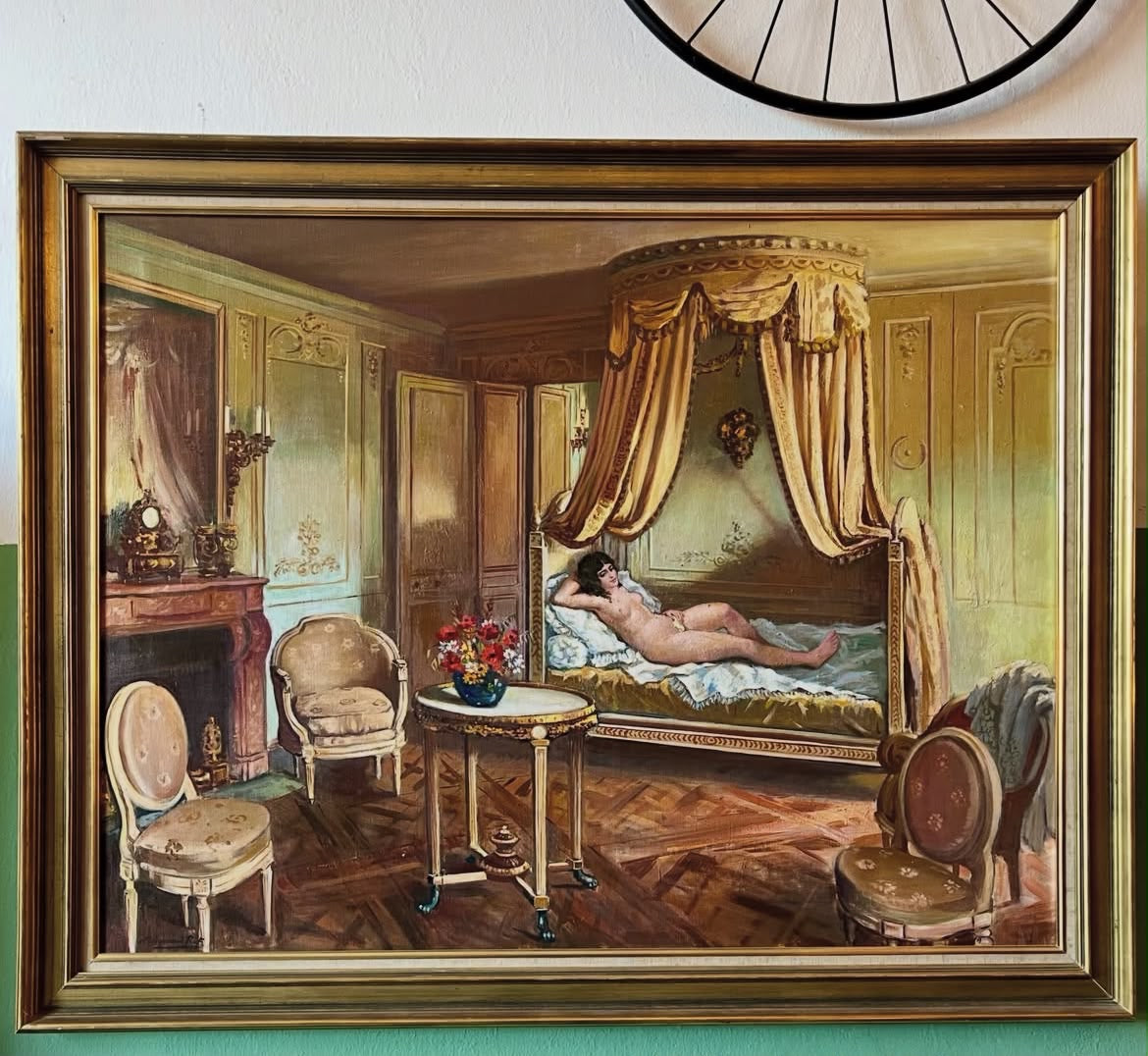 Grand tableau huile sur toile Raymond Riflar Nu intérieur Louis XVI 105x132 cm
