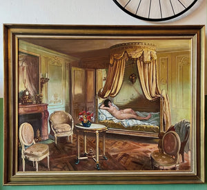 Grand tableau huile sur toile Raymond Riflar Nu intérieur Louis XVI 105x132 cm
