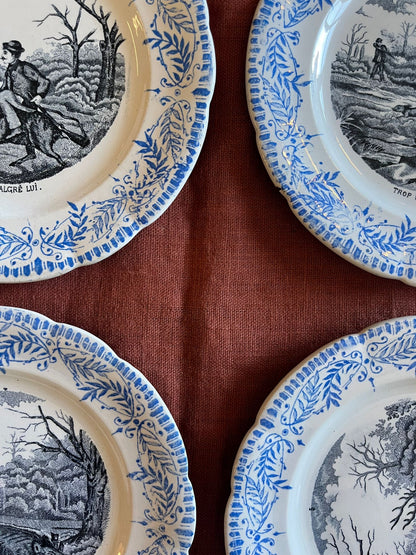 Lot de 6 assiettes anciennes terre de fer Saint-Amand « Comique » scènes de chasse