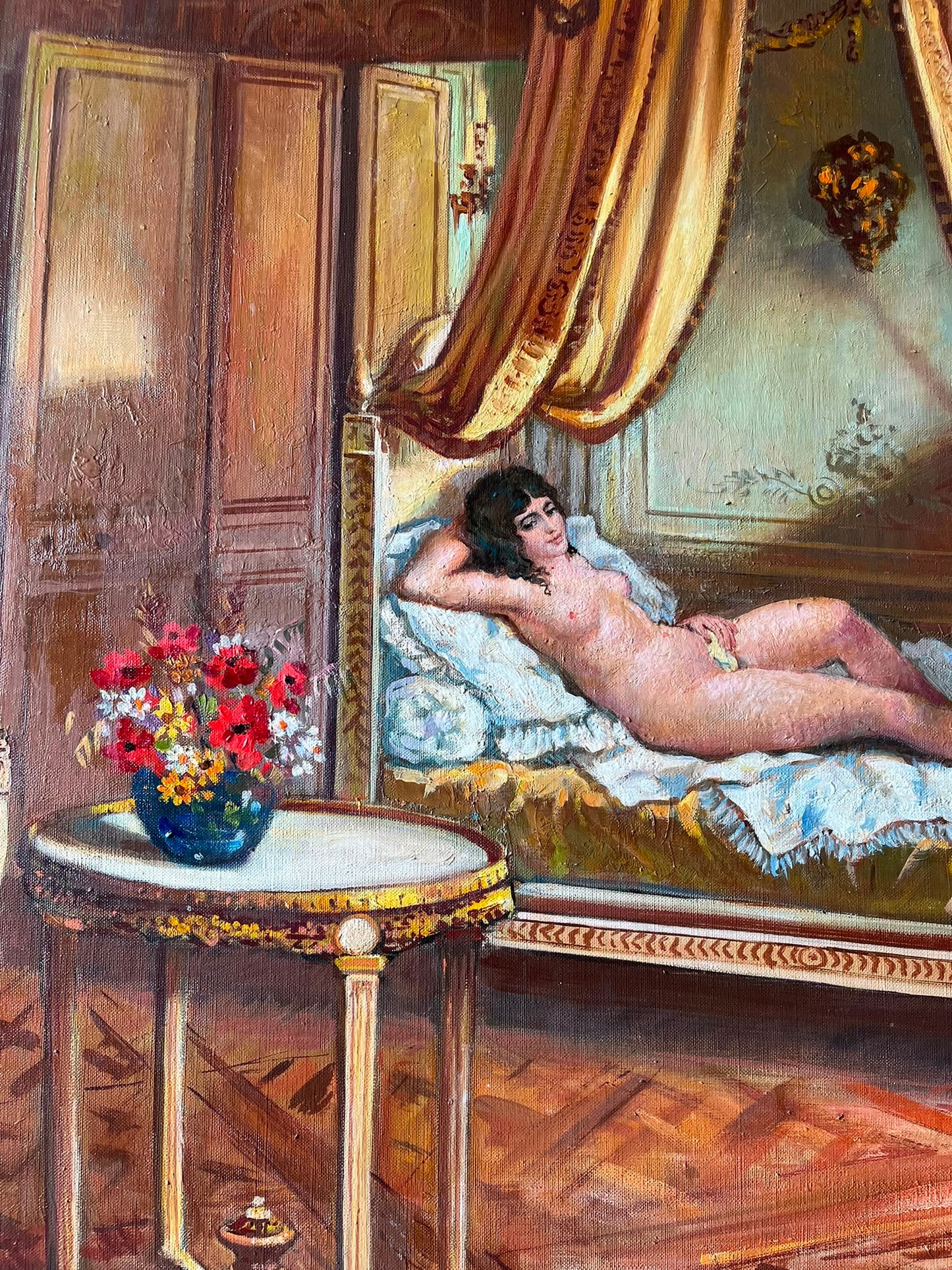 Grand tableau huile sur toile Raymond Riflar Nu intérieur Louis XVI 105x132 cm