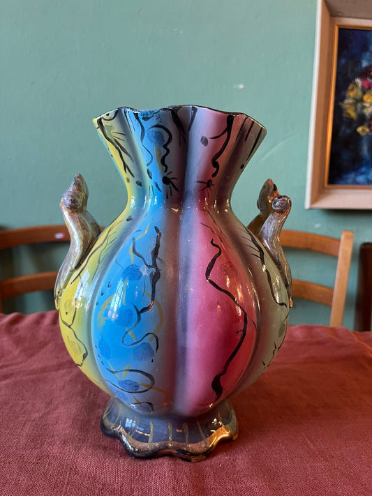 Vase céramique vintage décor polychrome anses zoomorphes
