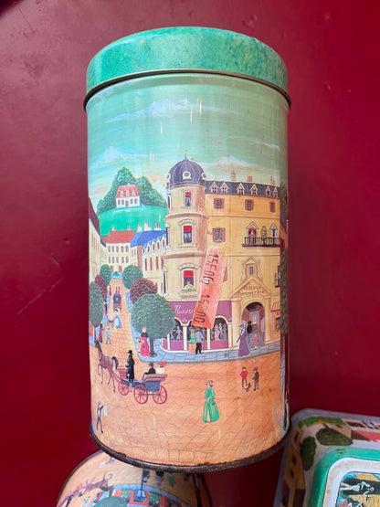 Lot de 4 boîtes anciennes en métal décor village parisien style naïf