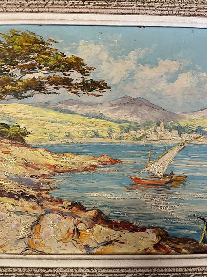 Huile au couteau marine méditerranéenne signée – grand format encadré