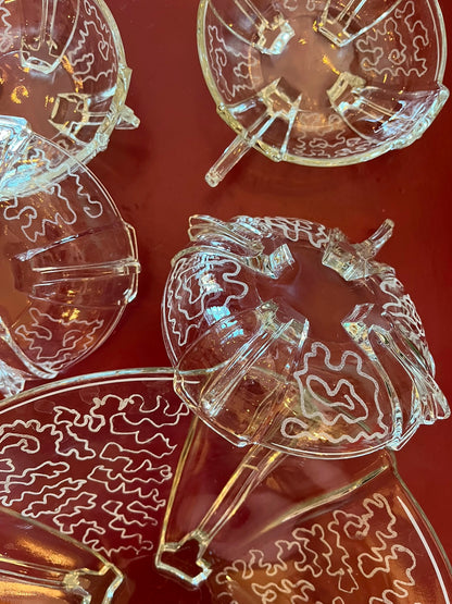 Service à salade de fruits vintage en verre gravé, dans le goût Art déco, 9 pièces
