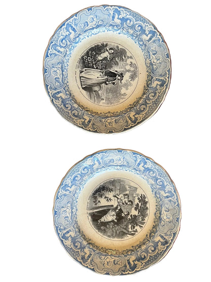 Paire d’assiettes anciennes terre de fer décor romantique XIXe