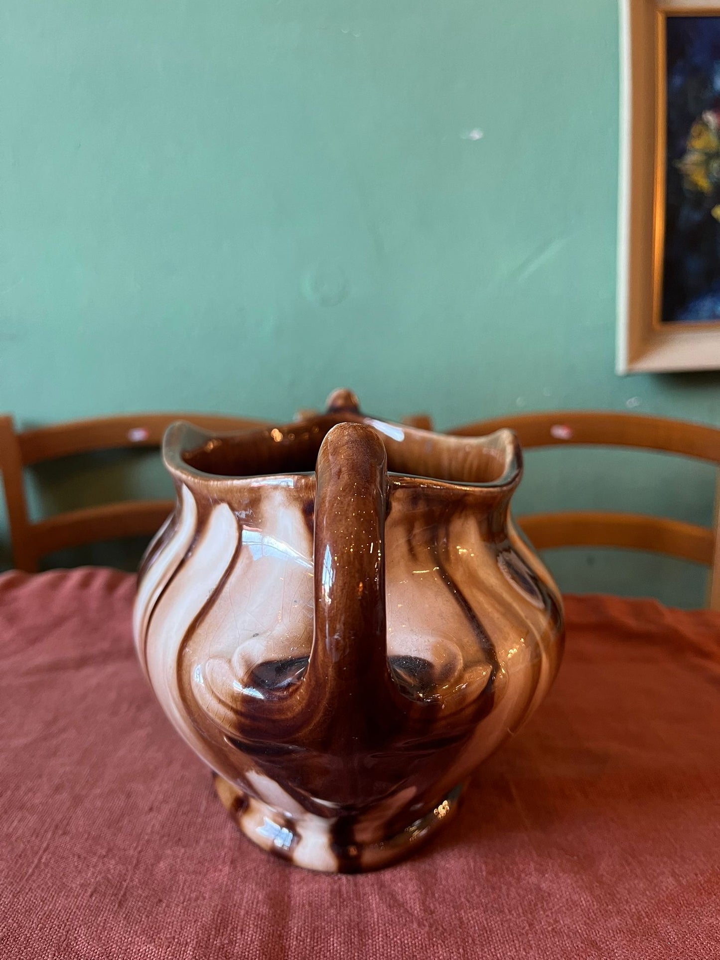 Jardinière ancienne en céramique émaillée brun et crème à anses