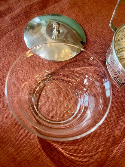 Sucrier confiturier Art déco en métal argenté et verre années 1930