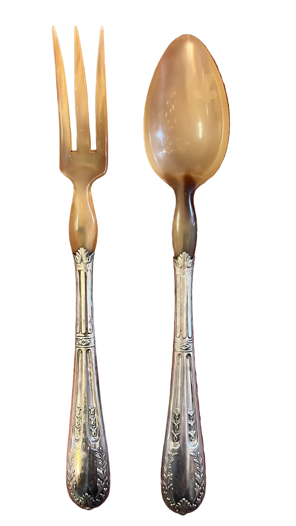 Couverts à salade anciens en corne et métal argenté – 28 cm