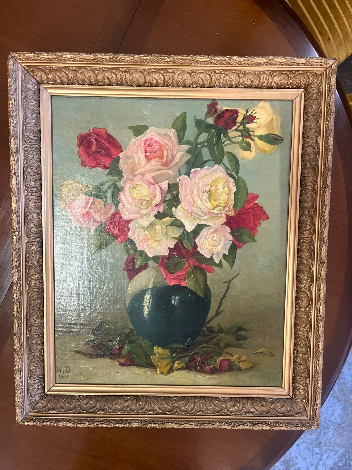 Huile sur toile bouquet de roses signée datée 1901 cadre ancien doré