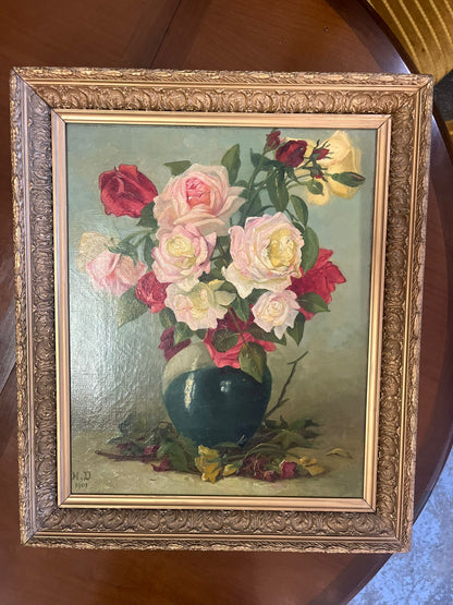 Huile sur toile bouquet de roses signée datée 1901 cadre ancien doré