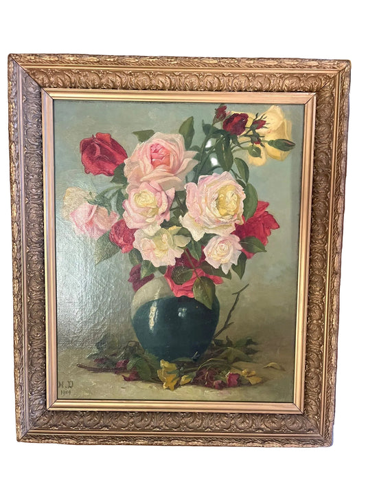 Huile sur toile bouquet de roses signée datée 1901 cadre ancien doré
