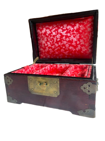 Boîte à Bijoux Chinoise Ancienne Bois Laiton Pierre Jade Coffret Asiatique