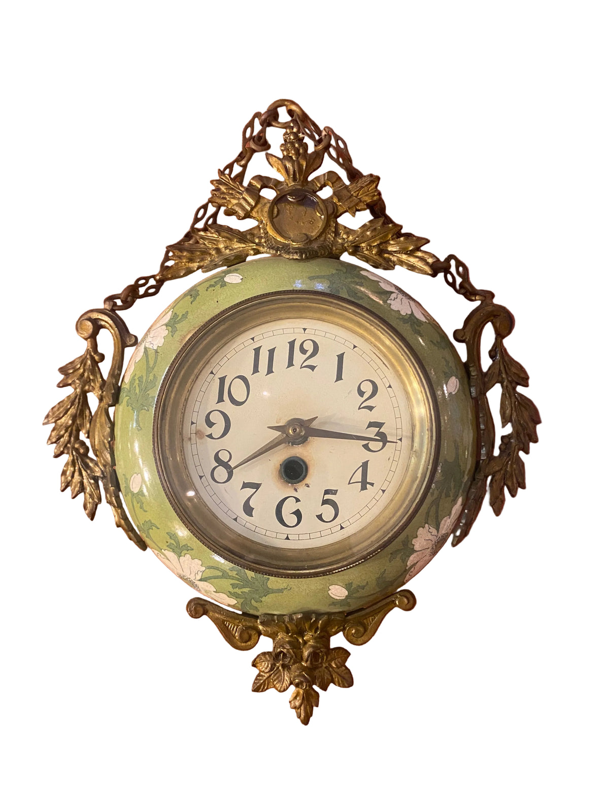 Pendule murale en faïence et métal doré – décor floral