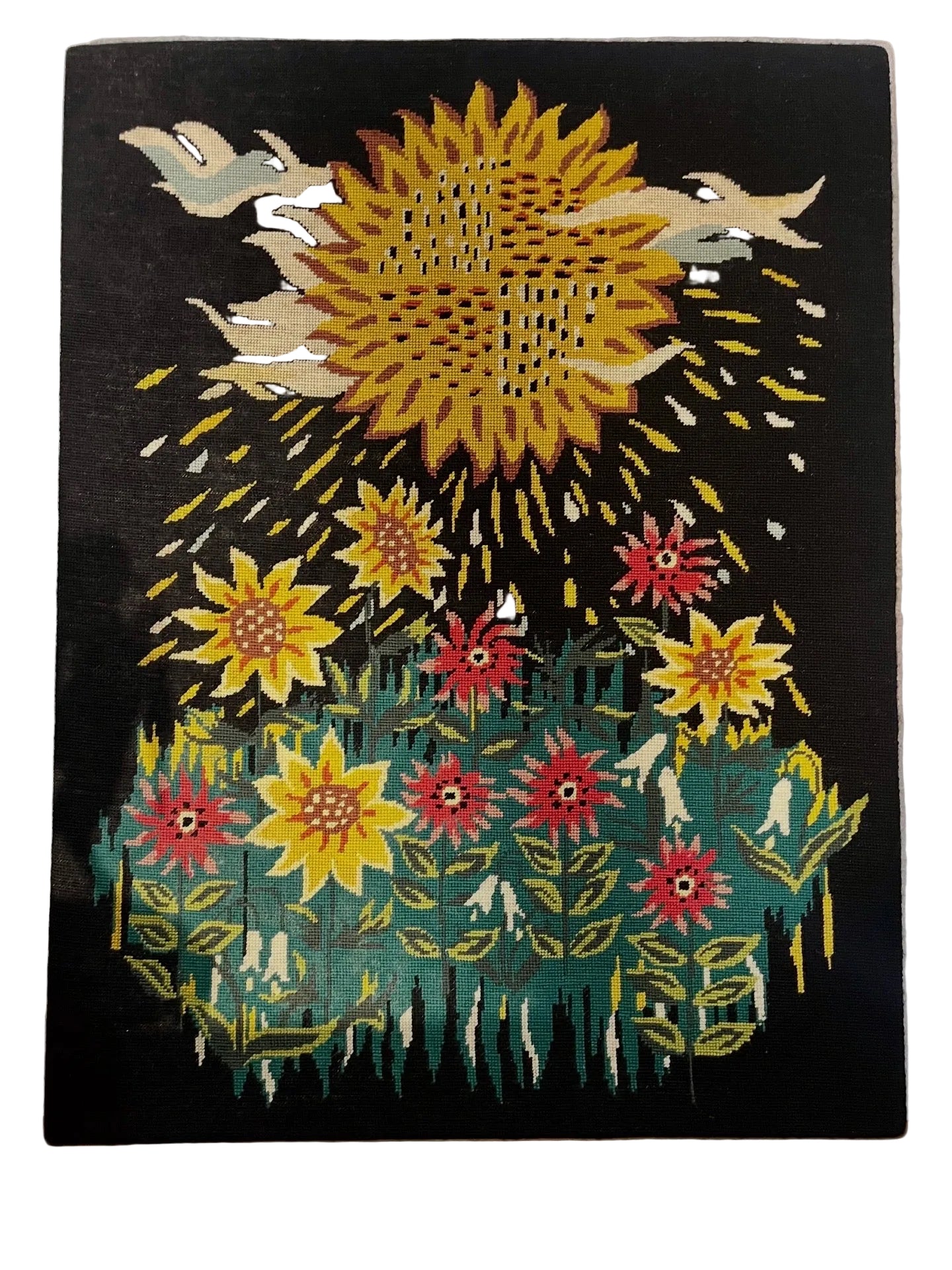canevas vintage tournesols et oiseaux, broderie murale années 70