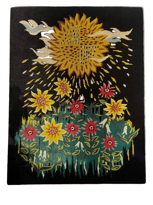 canevas vintage tournesols et oiseaux, broderie murale années 70