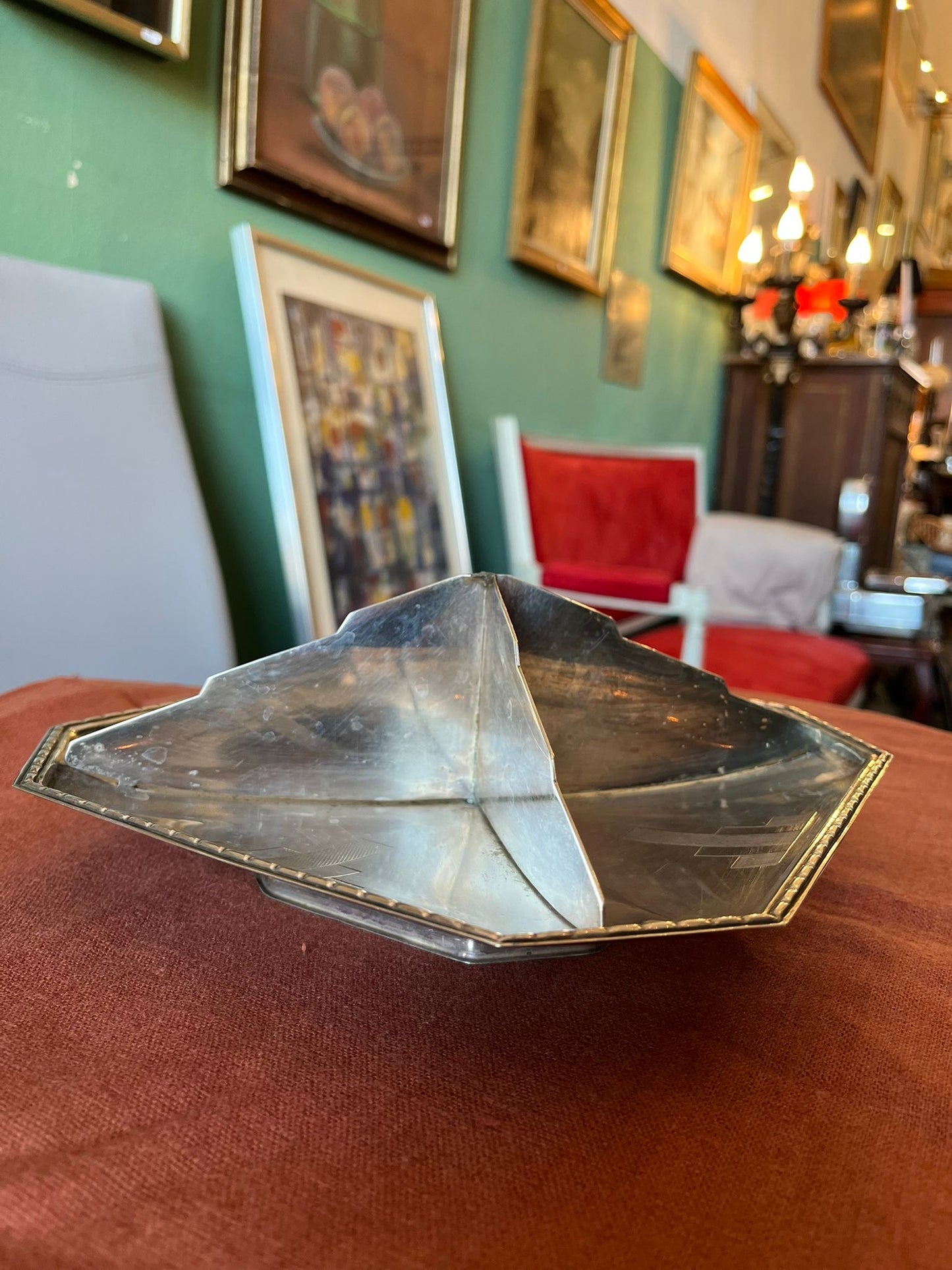 Vide-poche Art déco octogonal en métal argenté décor géométrique années 1930