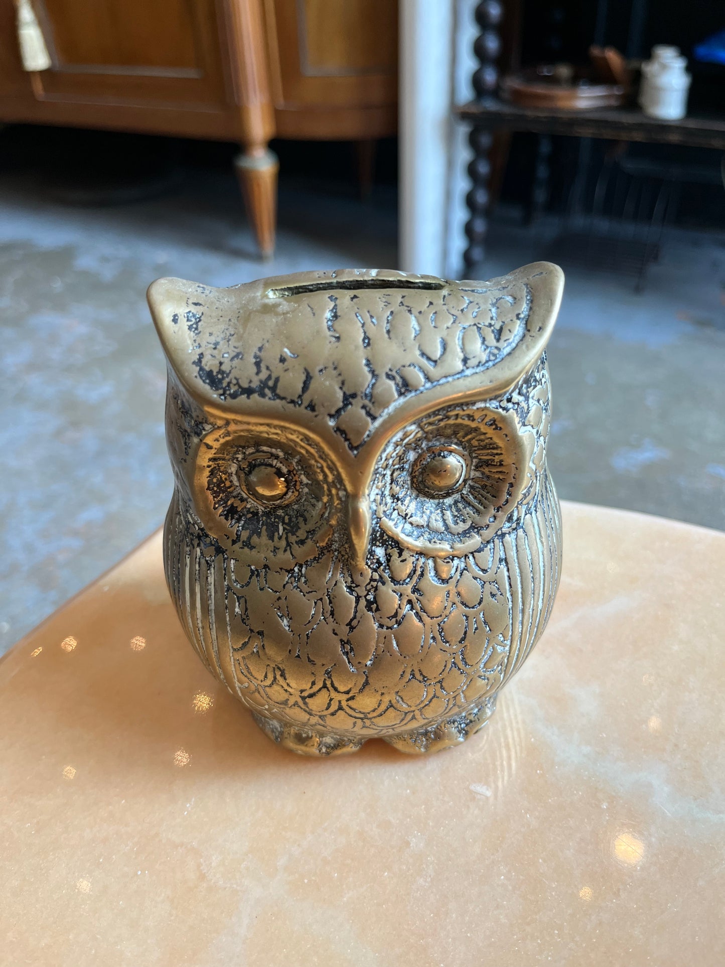 Tirelire forme de chouette en bronze doré